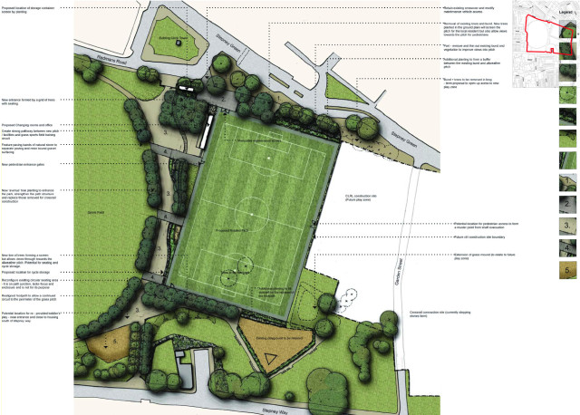 Landscape proposal of rotated sports pitch to allow for the Crossrail shaft construction