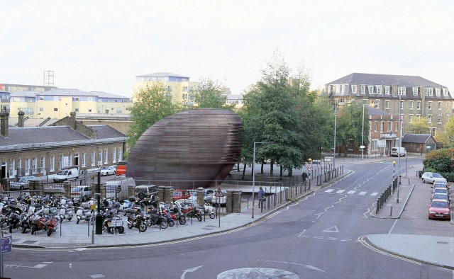 High level view of the copper/brass clad Hertsmere Road head house proposal