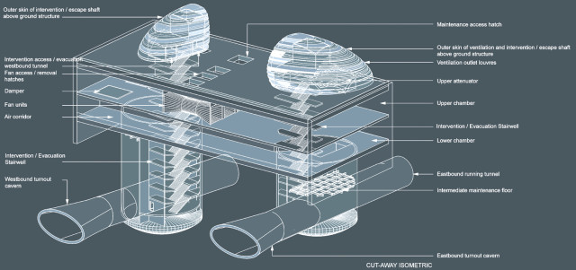 Concept axonometric illustrating above and below ground elements at Stepney Green