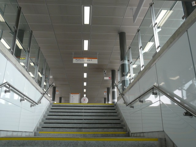 One of the three main stairs connecting the platform to Stratford Olympic site and Station