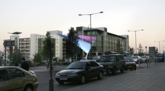 Dusk view (photomontage) of the wayfinding proposal at Birmingham Airport