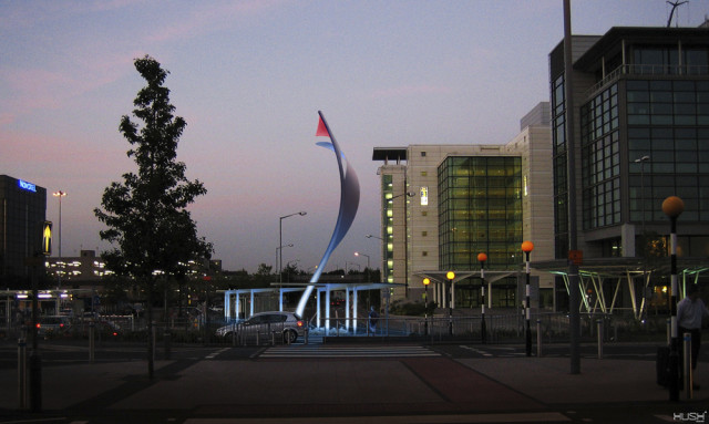 Night shot (photomontage) of the wayfinding proposal at Birmingham Airport