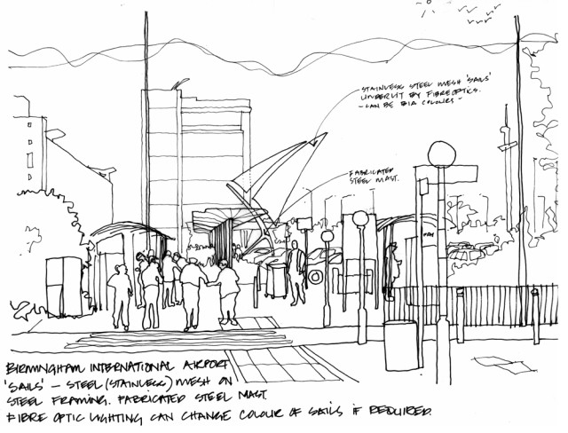 Hand drawing of the wayfinding proposal at Birmingham Airport