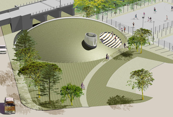 Birds eye visual of mound with terracing to overlook sports pitches 