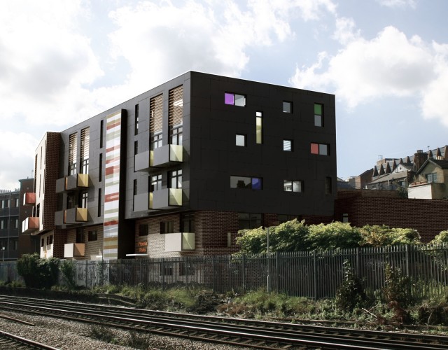Image of New build mixed use development incorporating 30 social housing residential units and commercial B1 space on a tight, derelict, inner city piece of railway land in Lewisham, south London carefully designed to maximise the yield of the site in both plan and height