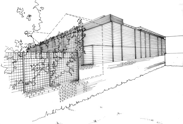 Hand drawing of the proposal from within a neighbouring garden